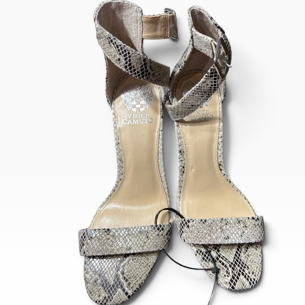 Vince Camuto Bendiva Snakeskin Leather Block Heel Sandals Grey 8M VP-BENDIVA